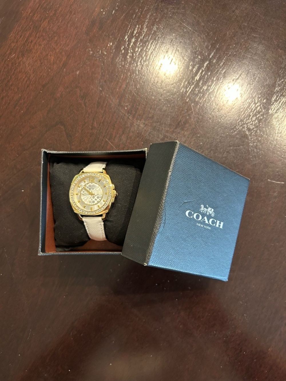 Coach Gold-Tone Boyfriend Crystal Bezel 35mm Watch with White Leather Strap - Picture 7 of 8
